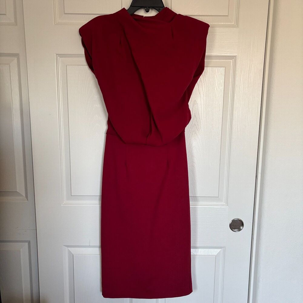 Alieva: Red Cowl Back Midi Cocktail Dress Mock Neck Formal Party Dress Size L